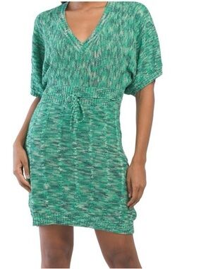 Vertigo Green Marled V-Neck Knit Mini Dress Sz XL Dolman Short Sleeves NWT